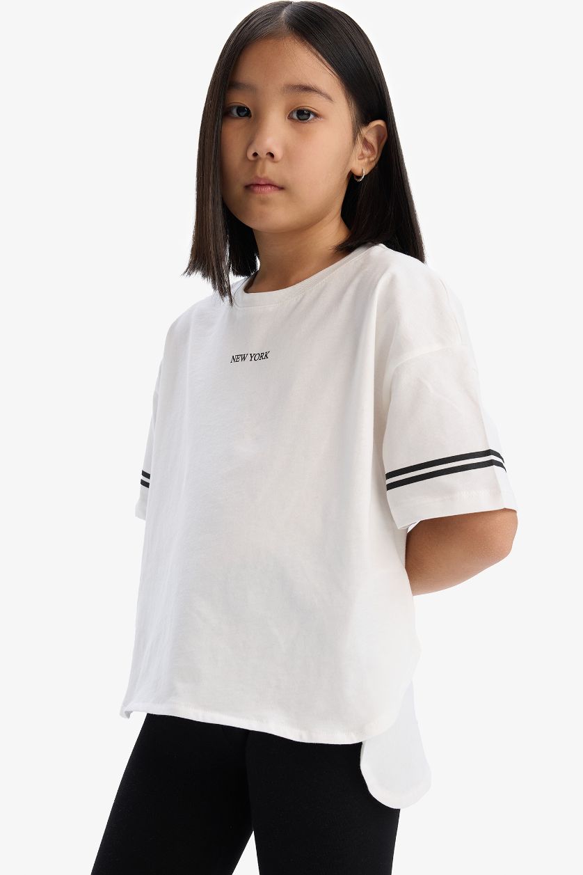 Kız Çocuk - Genç Kız Ekru 2'li Takım Kısa Kollu Baskılı Tişört Tayt Kız Çocuk