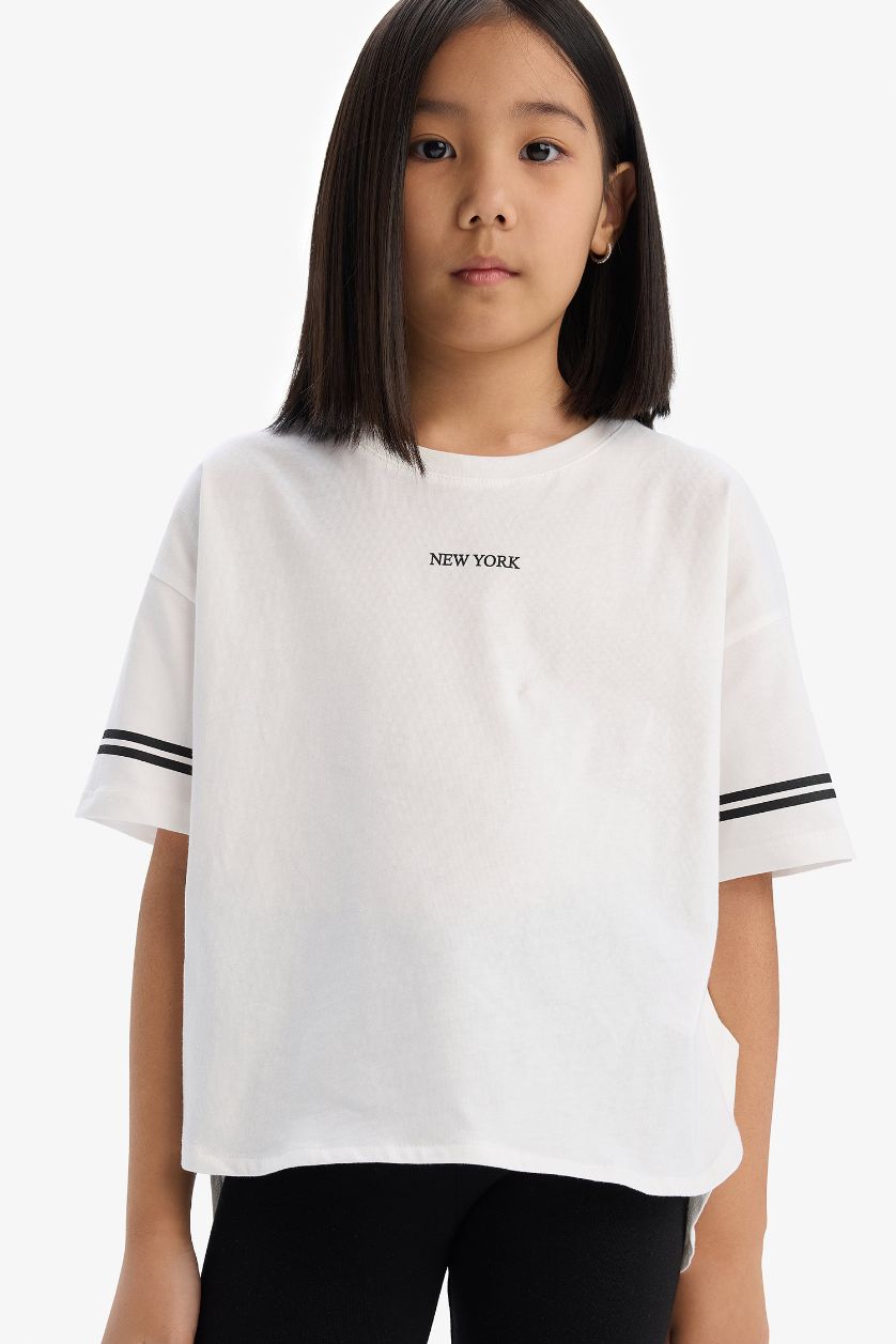 Kız Çocuk - Genç Kız Ekru 2'li Takım Kısa Kollu Baskılı Tişört Tayt Kız Çocuk