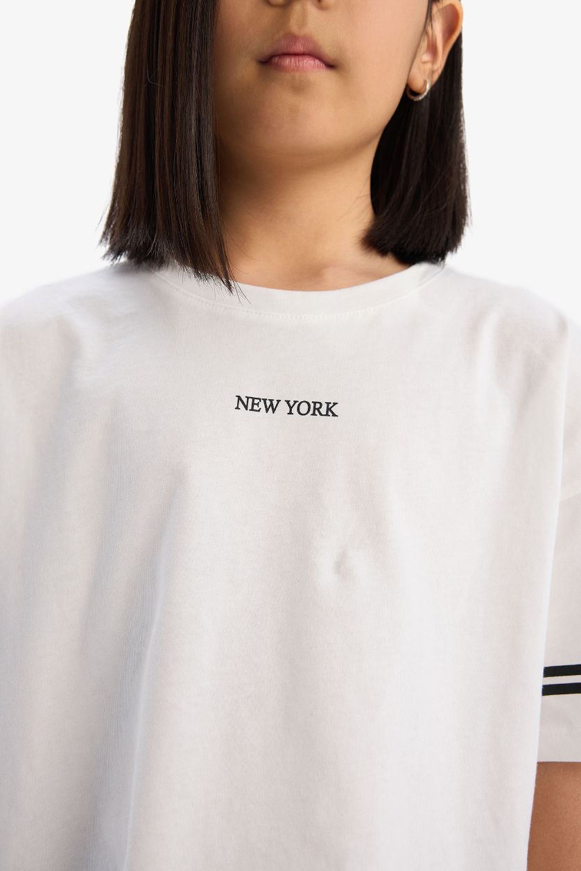 Kız Çocuk - Genç Kız Ekru 2'li Takım Kısa Kollu Baskılı Tişört Tayt Kız Çocuk