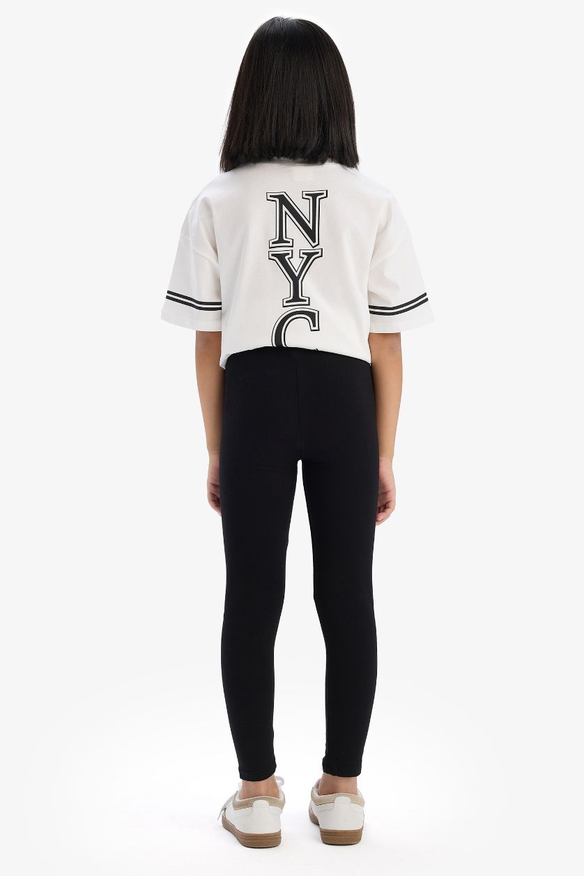 Kız Çocuk - Genç Kız Ekru 2'li Takım Kısa Kollu Baskılı Tişört Tayt Kız Çocuk