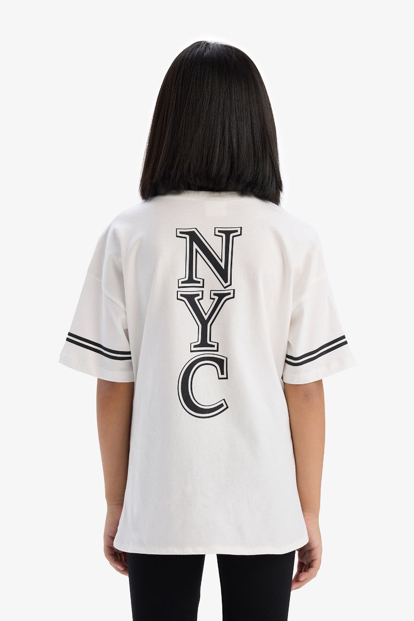 Kız Çocuk - Genç Kız Ekru 2'li Takım Kısa Kollu Baskılı Tişört Tayt Kız Çocuk