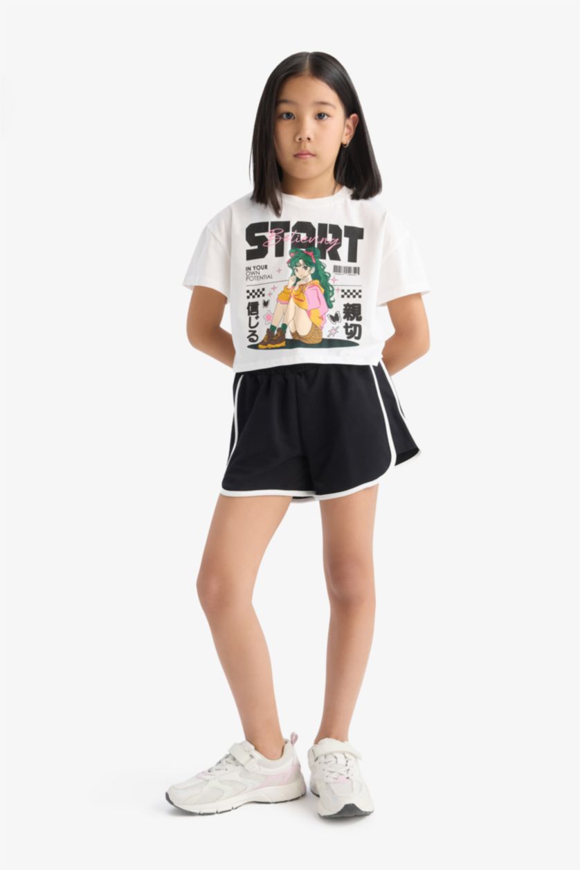 Kız Çocuk - Genç Kız Ekru 2'li Takım Kısa Kollu Tişört Beli Lastikli Şort Kız Çocuk