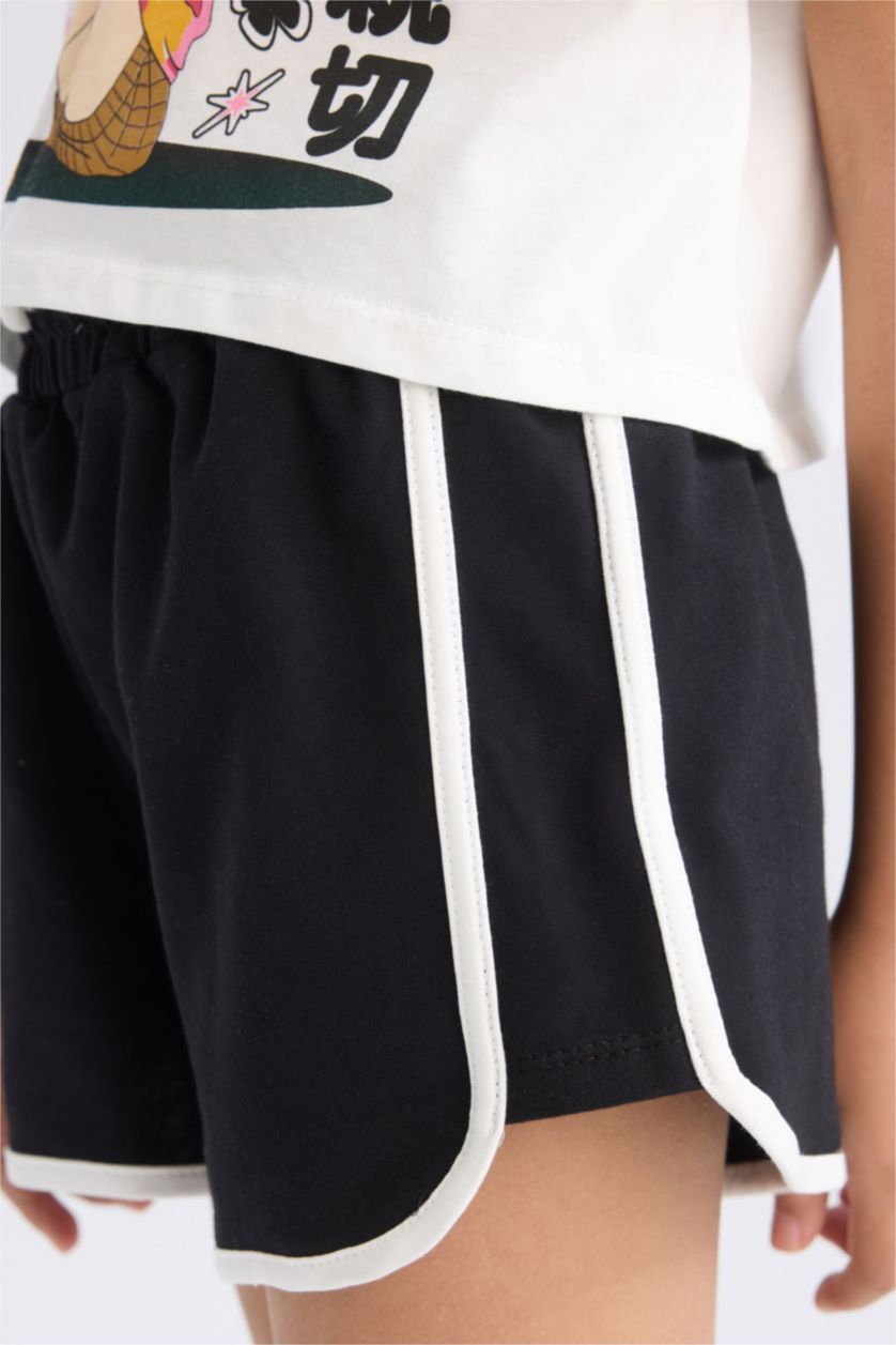 Kız Çocuk - Genç Kız Ekru 2'li Takım Kısa Kollu Tişört Beli Lastikli Şort Kız Çocuk