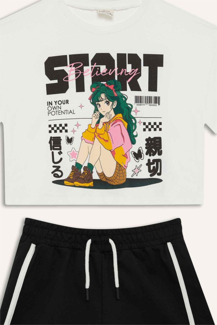 Kız Çocuk - Genç Kız Ekru 2'li Takım Kısa Kollu Tişört Beli Lastikli Şort Kız Çocuk