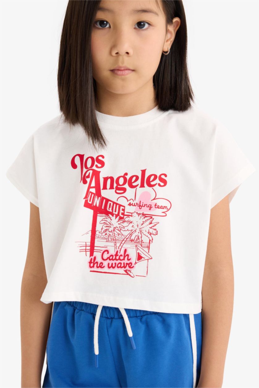 Kız Çocuk - Genç Kız Ekru 2'li Takım Baskılı Kısa Kollu Tişört Beli Lastikli Şort Kız Çocuk