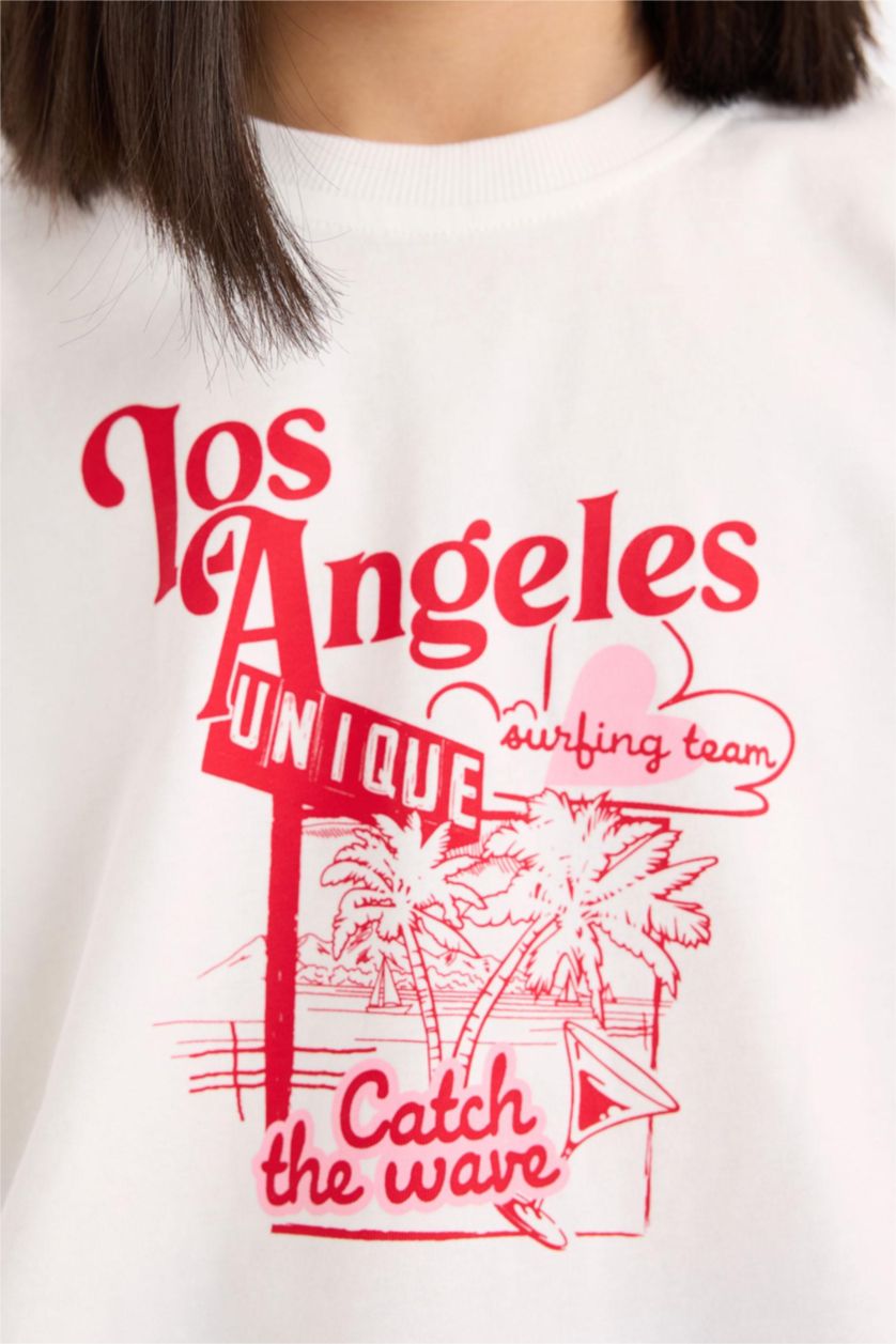 Kız Çocuk - Genç Kız Ekru 2'li Takım Baskılı Kısa Kollu Tişört Beli Lastikli Şort Kız Çocuk