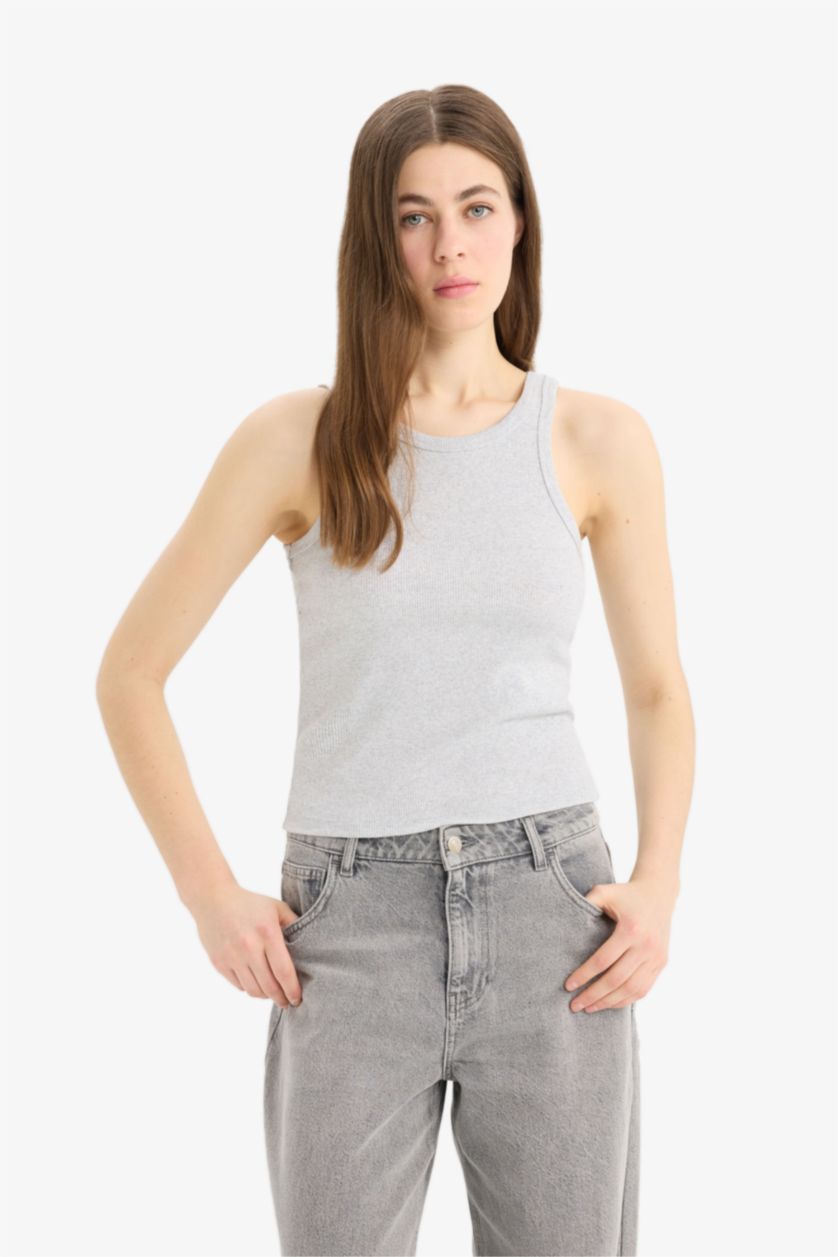 WOMAN Grey Melange Slim Fit Camisole Halter Collar Tank Top