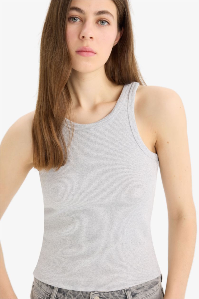 WOMAN Grey Melange Slim Fit Camisole Halter Collar Tank Top