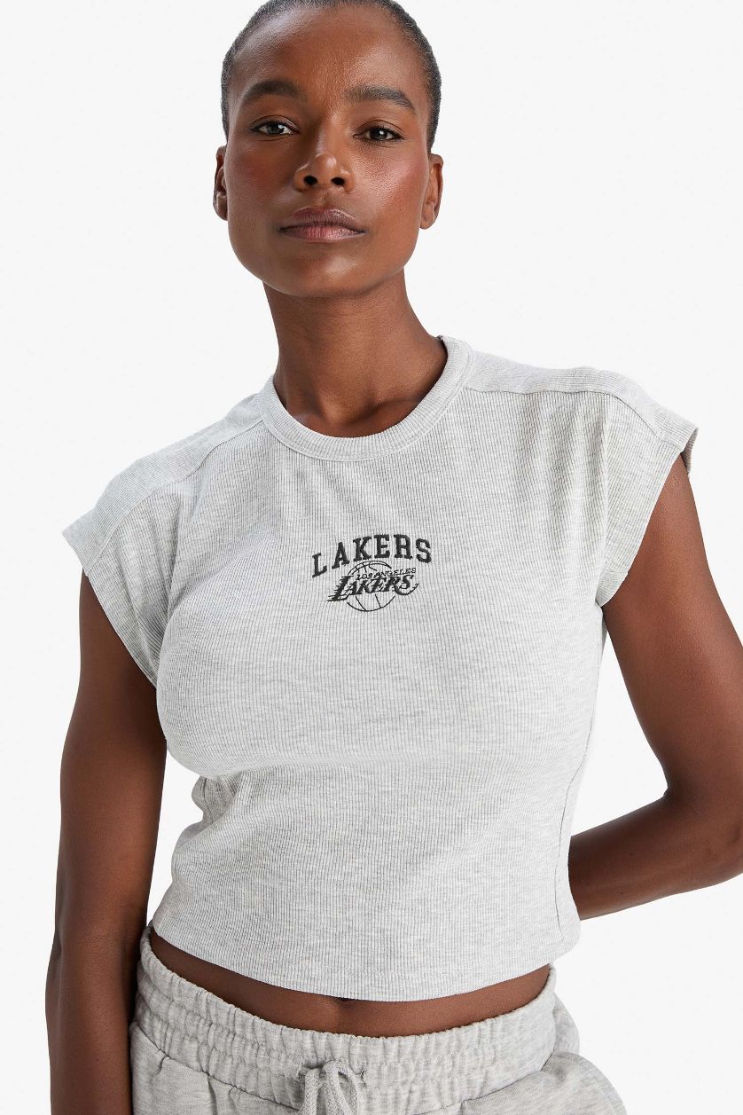 WOMAN Grey Melange DeFactoFit NBA Los Angeles Lakers Standard Fit Embroidered T-Shirt