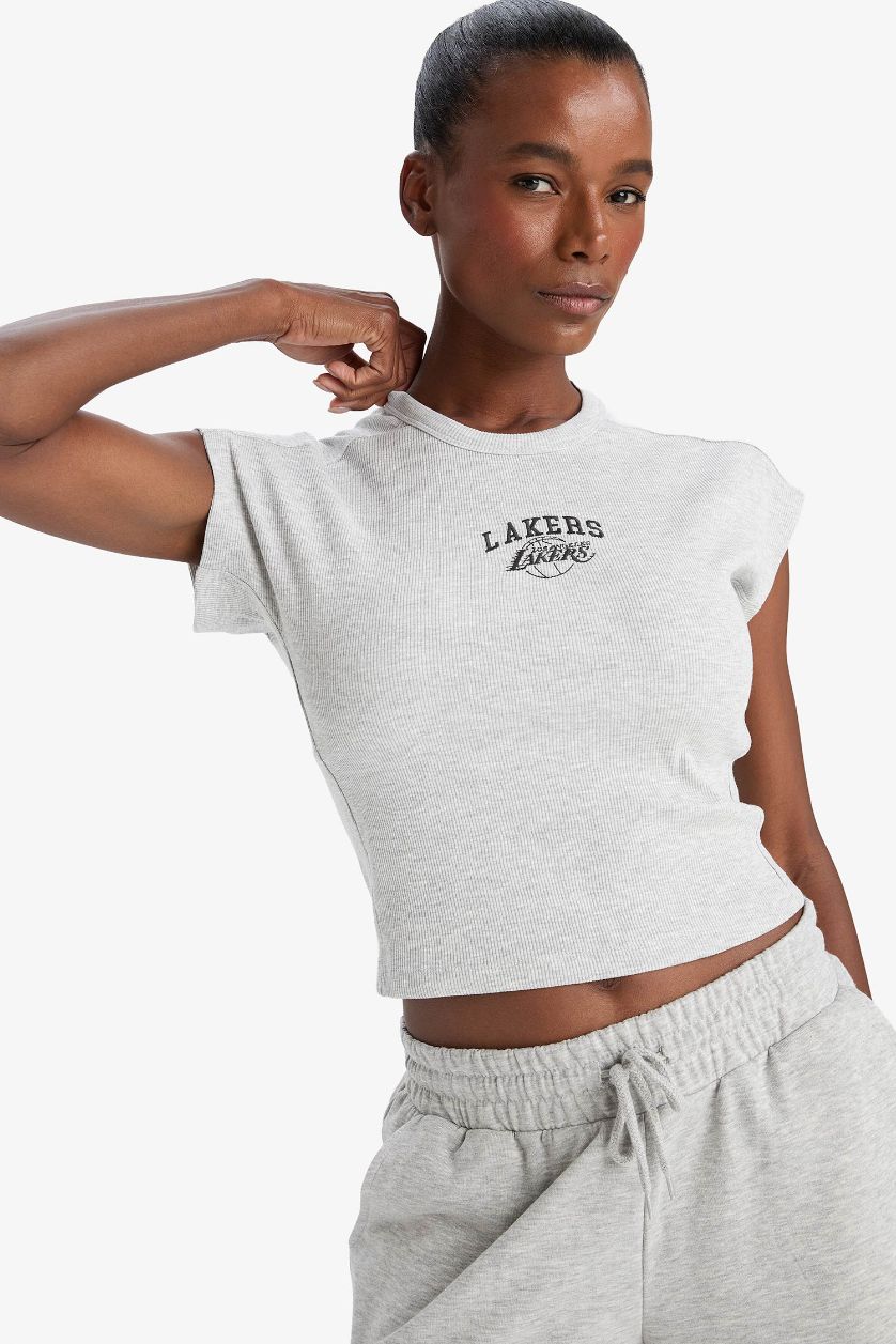 WOMAN Grey Melange DeFactoFit NBA Los Angeles Lakers Standard Fit Embroidered T-Shirt