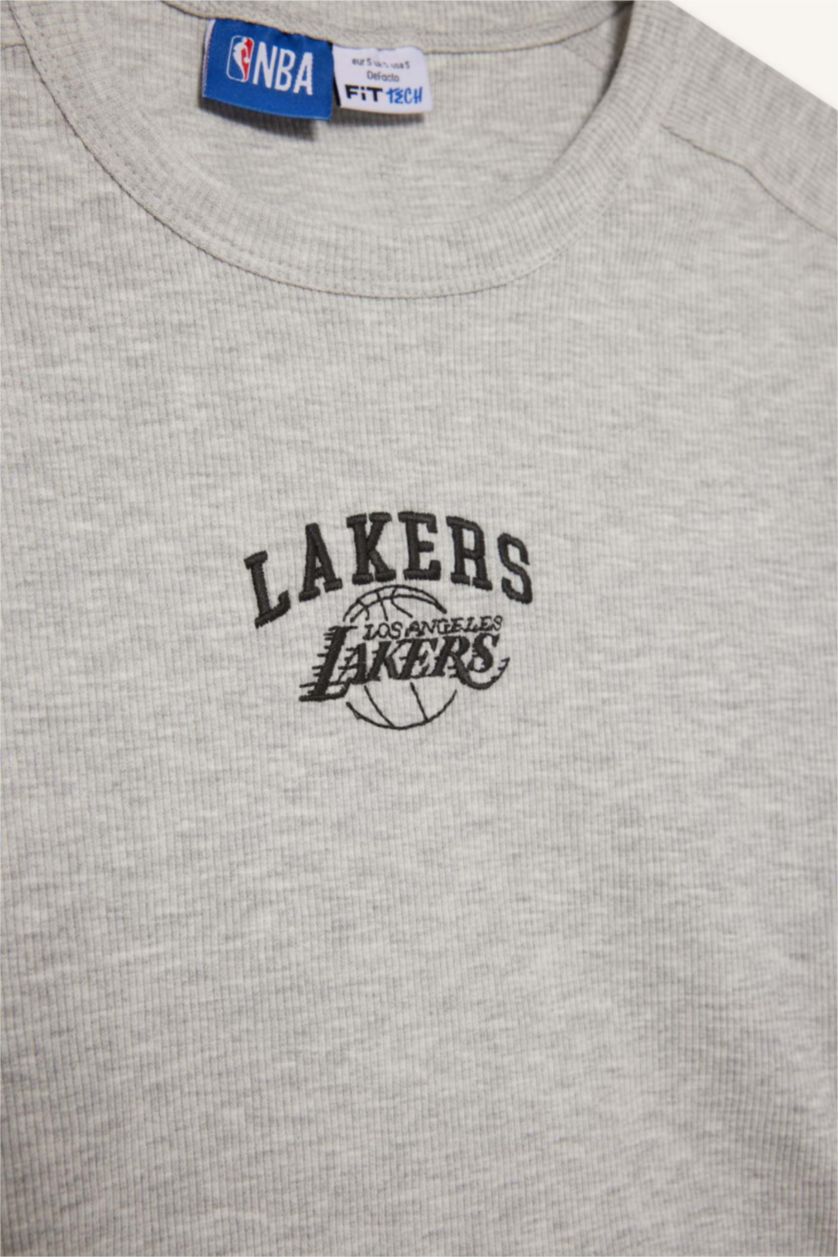 WOMAN Grey Melange DeFactoFit NBA Los Angeles Lakers Standard Fit Embroidered T-Shirt