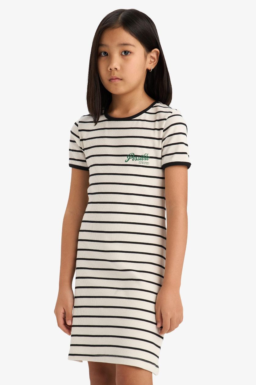 Kız Çocuk - Genç Kız Siyah Bisiklet Yaka Fitilli Kaşkorse Kısa Kollu Çizgili Yazlık Elbise Kız Çocuk