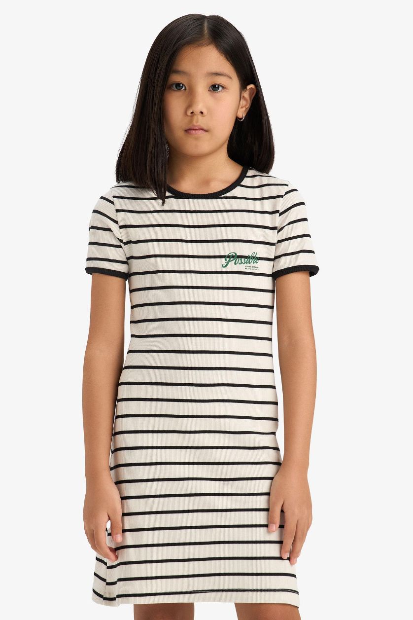 Kız Çocuk - Genç Kız Siyah Bisiklet Yaka Fitilli Kaşkorse Kısa Kollu Çizgili Yazlık Elbise Kız Çocuk
