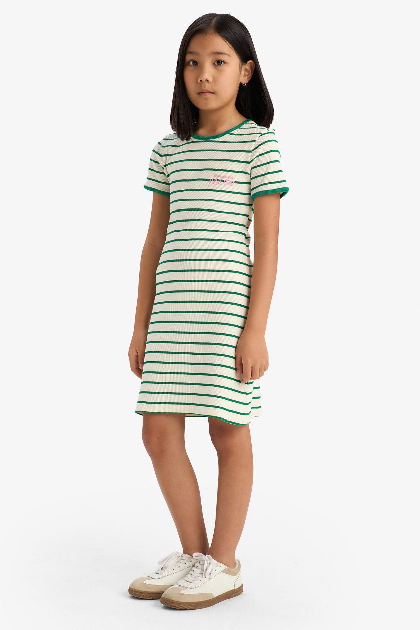 GIRLS & TEENS Green Girl Crew Neck Ribbed Camisole Striped Dress