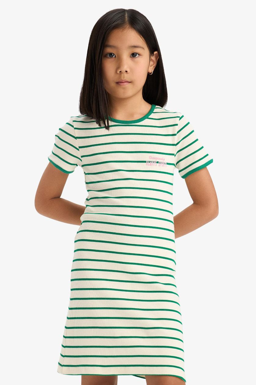 GIRLS & TEENS Green Girl Crew Neck Ribbed Camisole Striped Dress