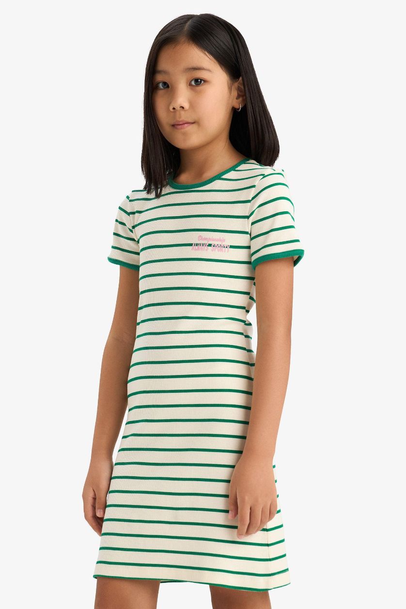 GIRLS & TEENS Green Girl Crew Neck Ribbed Camisole Striped Dress