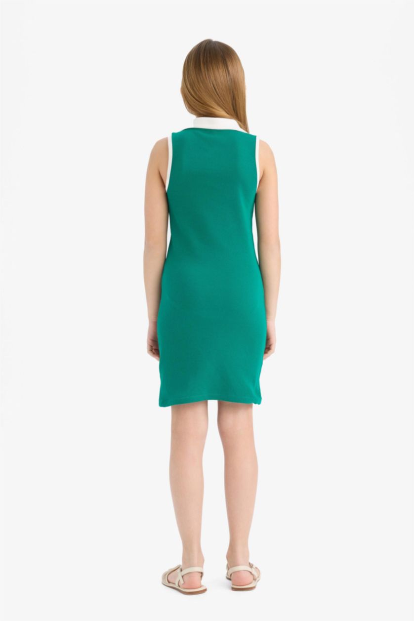 Kız Çocuk - Genç Kız Yeşil Polo Yaka Baskılı Fitilli Kaşkorse Kolsuz Yazlık Elbise Kız Çocuk