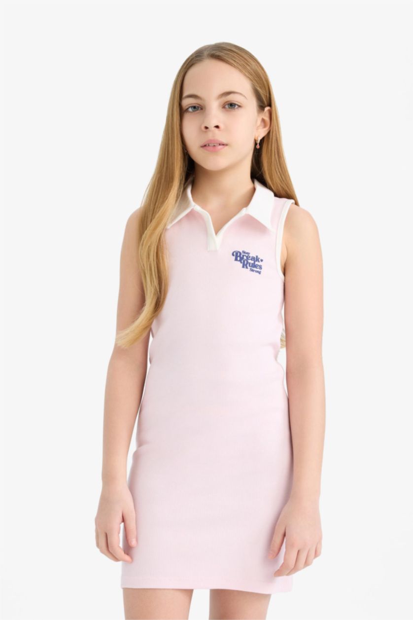 Kız Çocuk - Genç Kız Açık Pembe Polo Yaka Baskılı Fitilli Kaşkorse Kolsuz Elbise Kız Çocuk