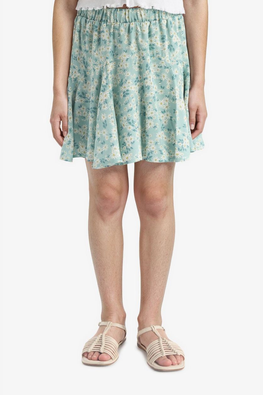 Kız Çocuk - Genç Kız Açık Yeşil Desenli Beli Lastikli Viskon Etek Kız Çocuk