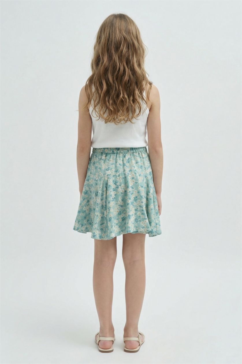 Kız Çocuk - Genç Kız Açık Yeşil Desenli Beli Lastikli Viskon Etek Kız Çocuk