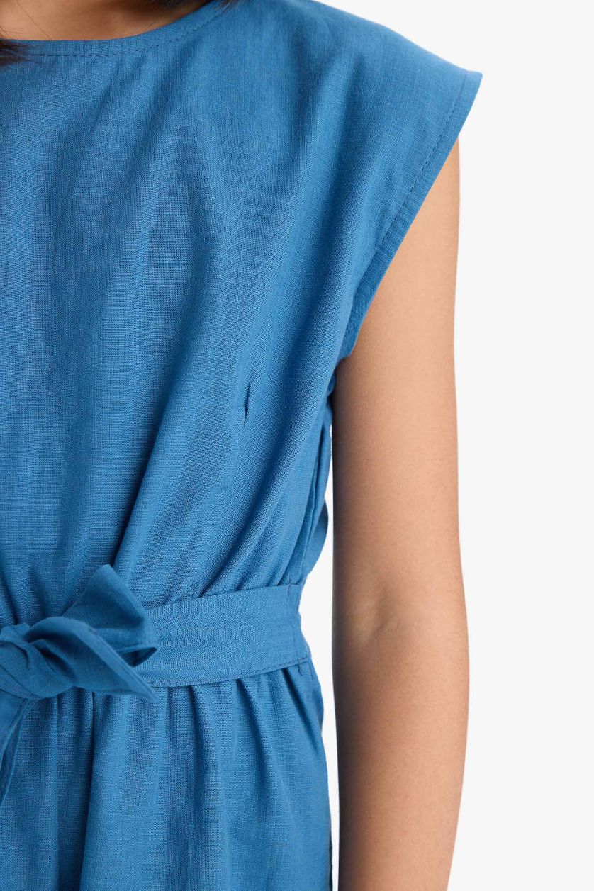 Kız Çocuk - Genç Kız Koyu Mavi Bağlamalı Pamuklu Kolsuz Kısa Tulum Kız Çocuk