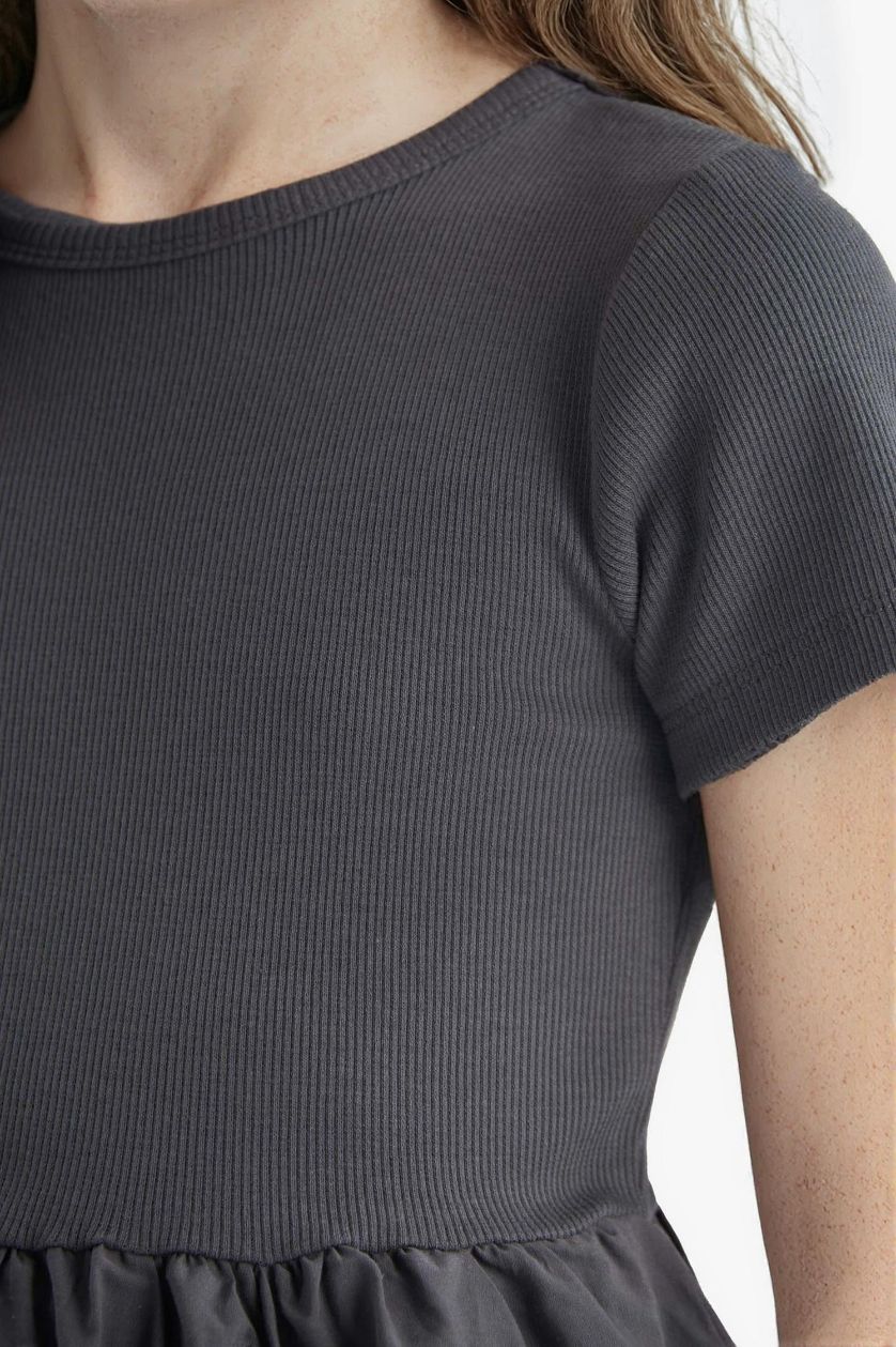 Kız Çocuk - Genç Kız Antrasit Bisiklet Yaka Fitilli Kaşkorse Kısa Kollu Yazlık Elbise Kız Çocuk