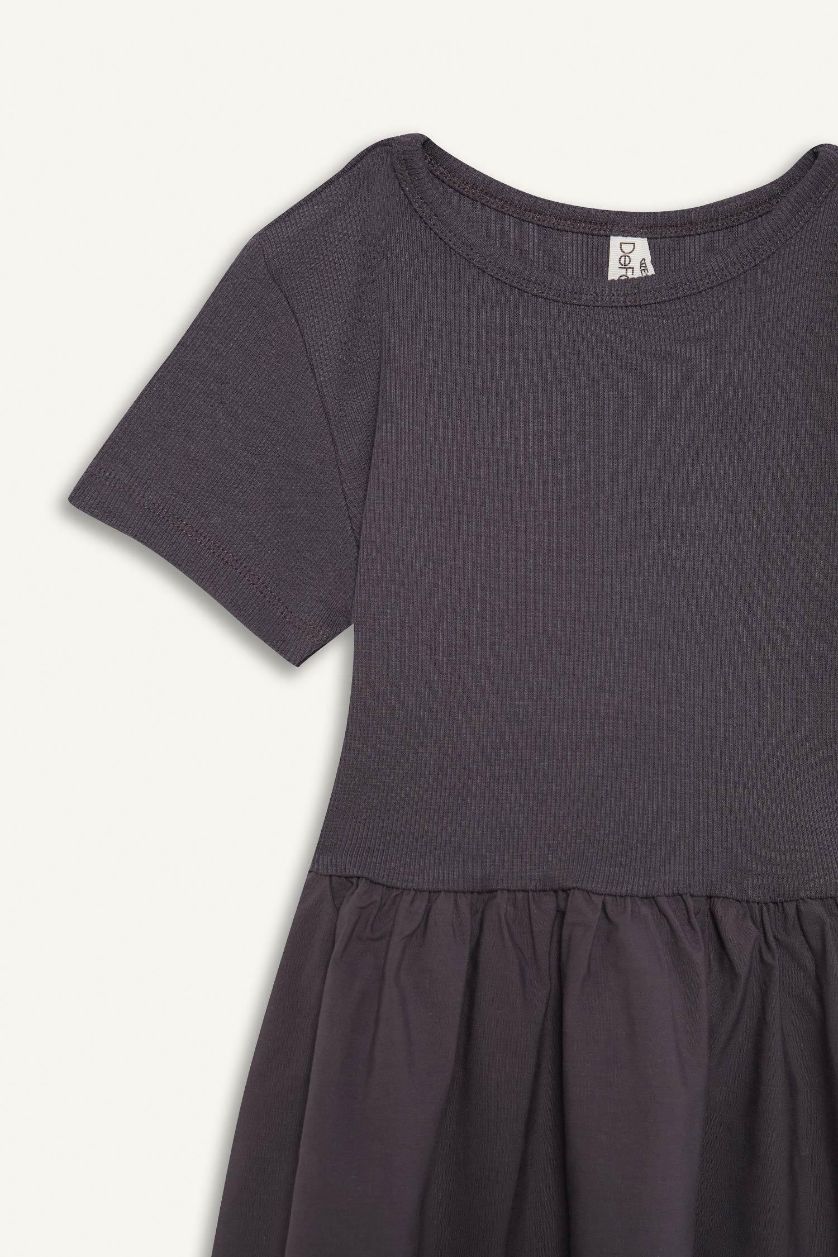 Kız Çocuk - Genç Kız Antrasit Bisiklet Yaka Fitilli Kaşkorse Kısa Kollu Yazlık Elbise Kız Çocuk