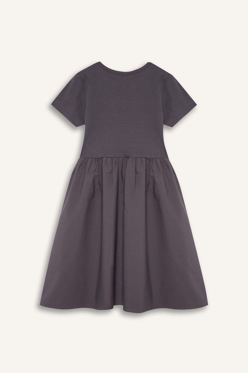 Kız Çocuk - Genç Kız Antrasit Bisiklet Yaka Fitilli Kaşkorse Kısa Kollu Yazlık Elbise Kız Çocuk