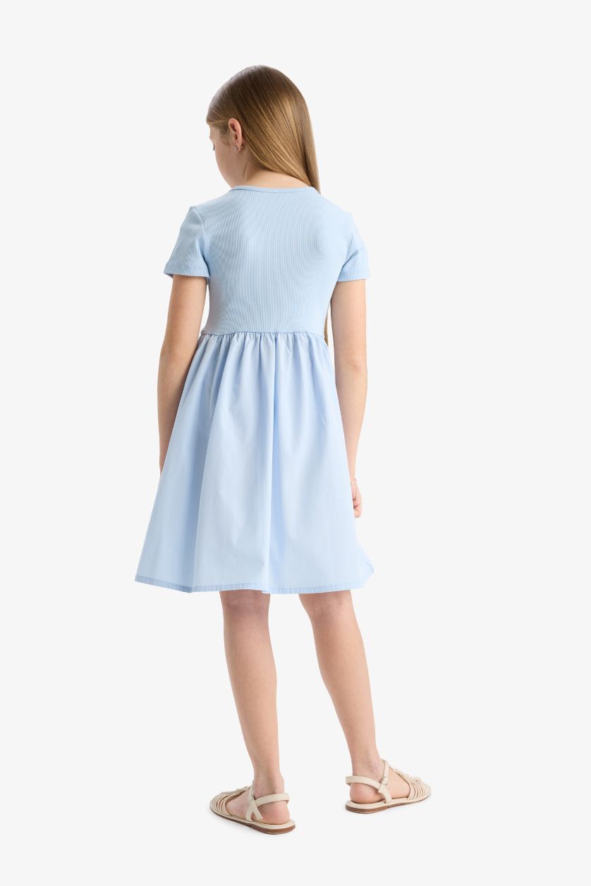 بناتي أزرق فاتح فستان بناتي أزرق مضلع نص كم برقبة مستديرة