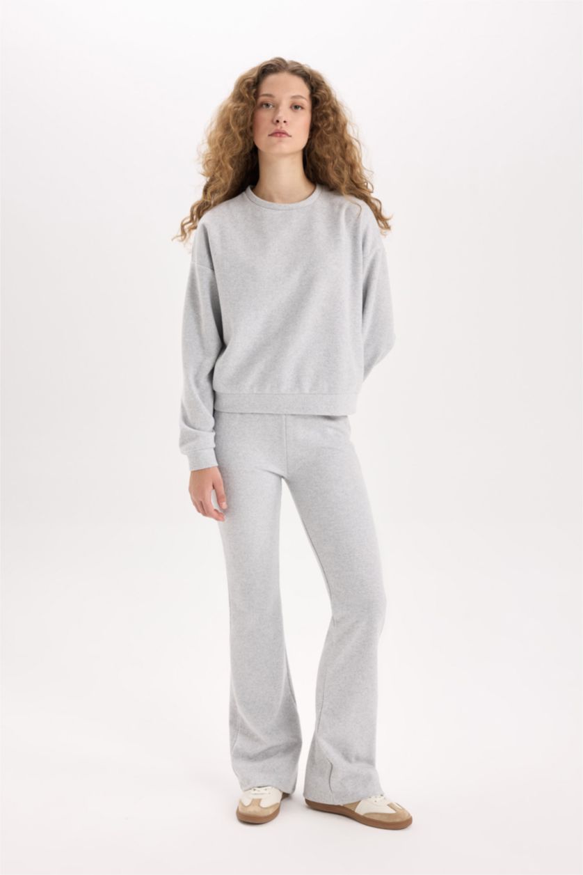 Kadın Gri Melanj 2'li Takım Basic Düz Bisiklet Yaka Üst Beli Lastikli Uzun Alt