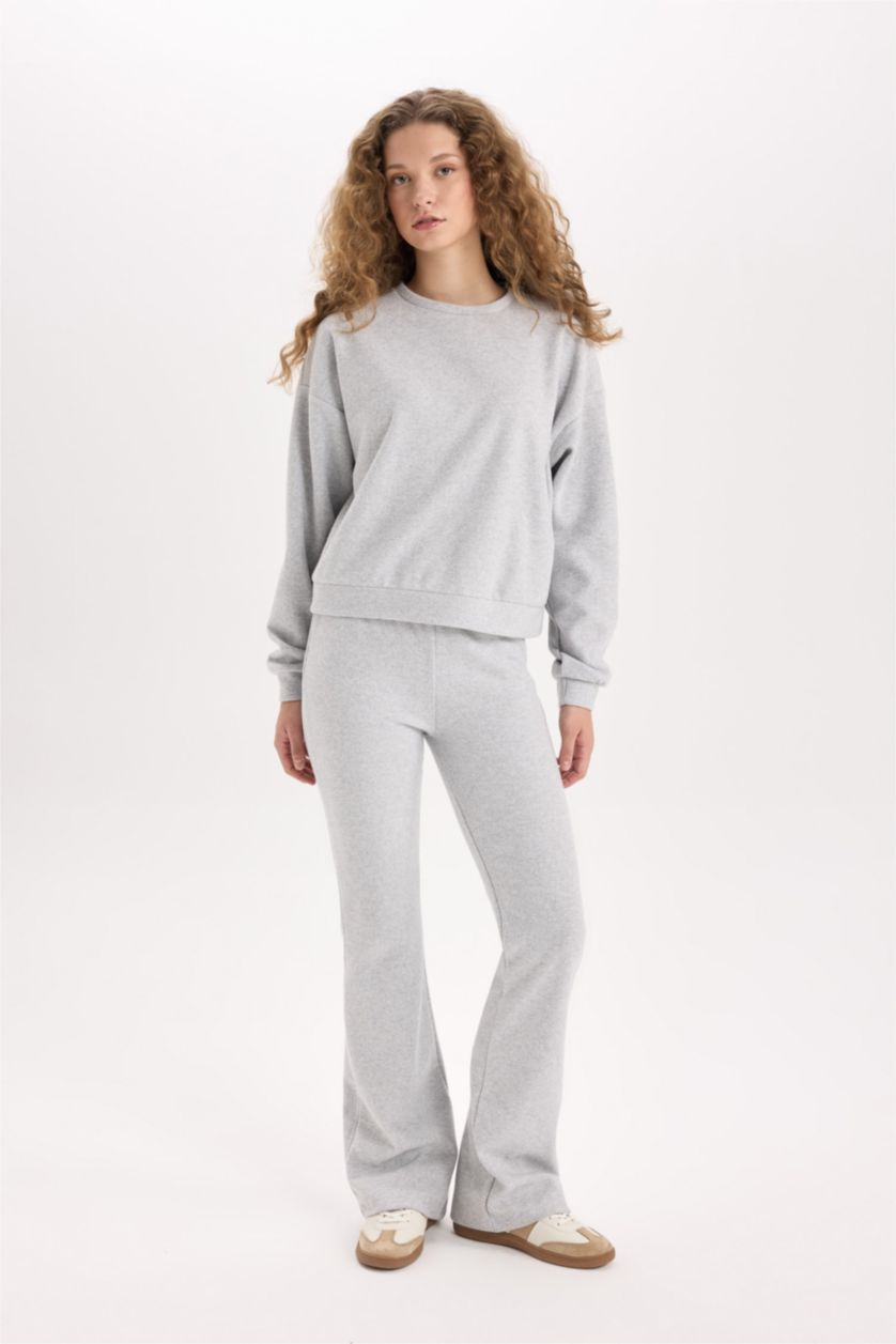 Kadın Gri Melanj 2'li Takım Basic Düz Bisiklet Yaka Üst Beli Lastikli Uzun Alt