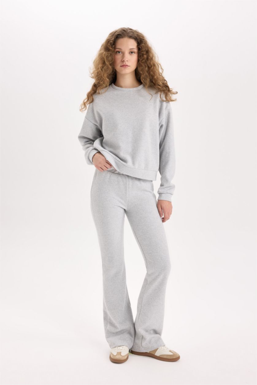 Kadın Gri Melanj 2'li Takım Basic Düz Bisiklet Yaka Üst Beli Lastikli Uzun Alt