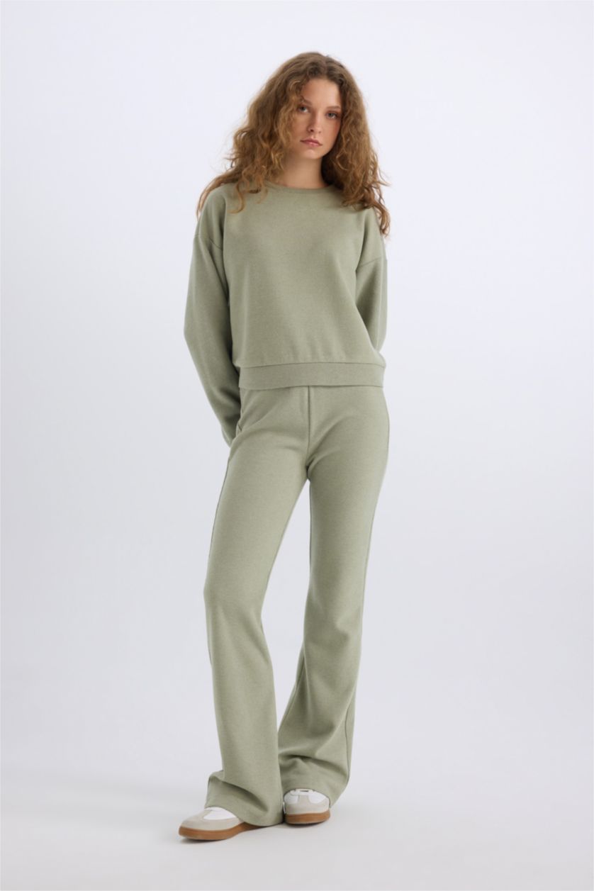 Kadın Açık Haki 2'li Takım Basic Düz Bisiklet Yaka Üst Beli Lastikli Uzun Alt