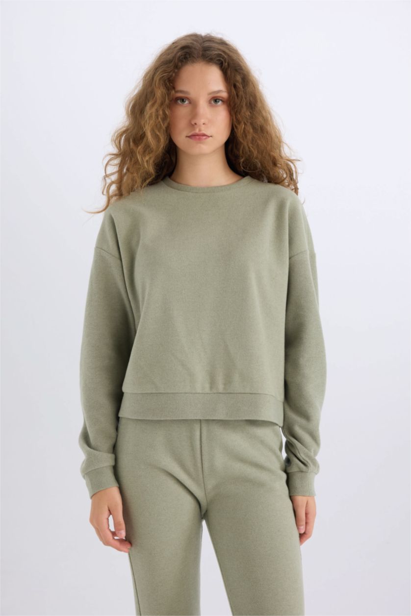 Kadın Açık Haki 2'li Takım Basic Düz Bisiklet Yaka Üst Beli Lastikli Uzun Alt