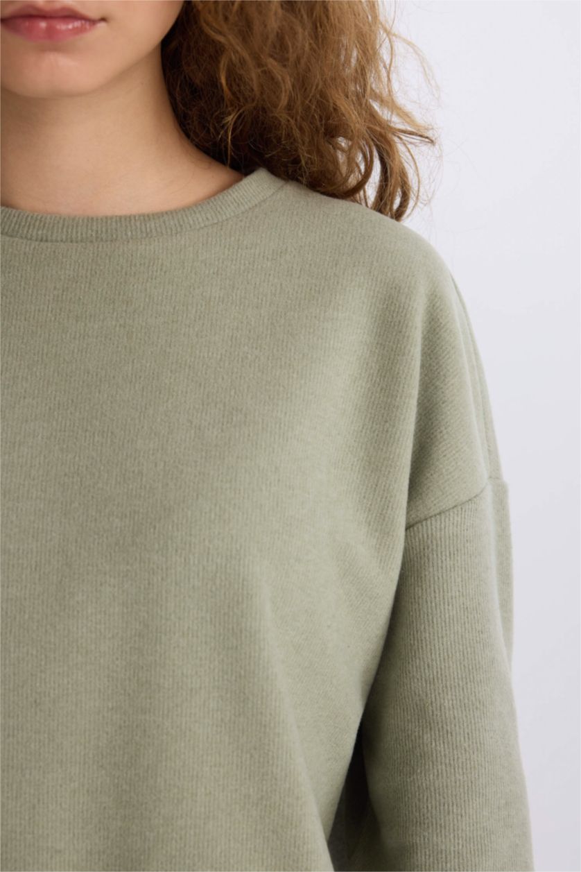 Kadın Açık Haki 2'li Takım Basic Düz Bisiklet Yaka Üst Beli Lastikli Uzun Alt