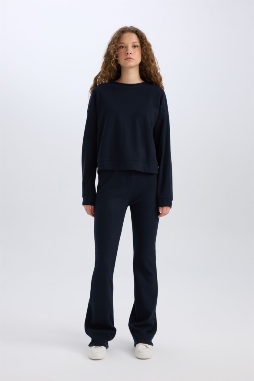 Kadın Lacivert 2'li Takım Basic Düz Bisiklet Yaka Üst Beli Lastikli Uzun Alt