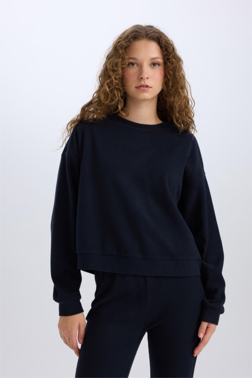 Kadın Lacivert 2'li Takım Basic Düz Bisiklet Yaka Üst Beli Lastikli Uzun Alt