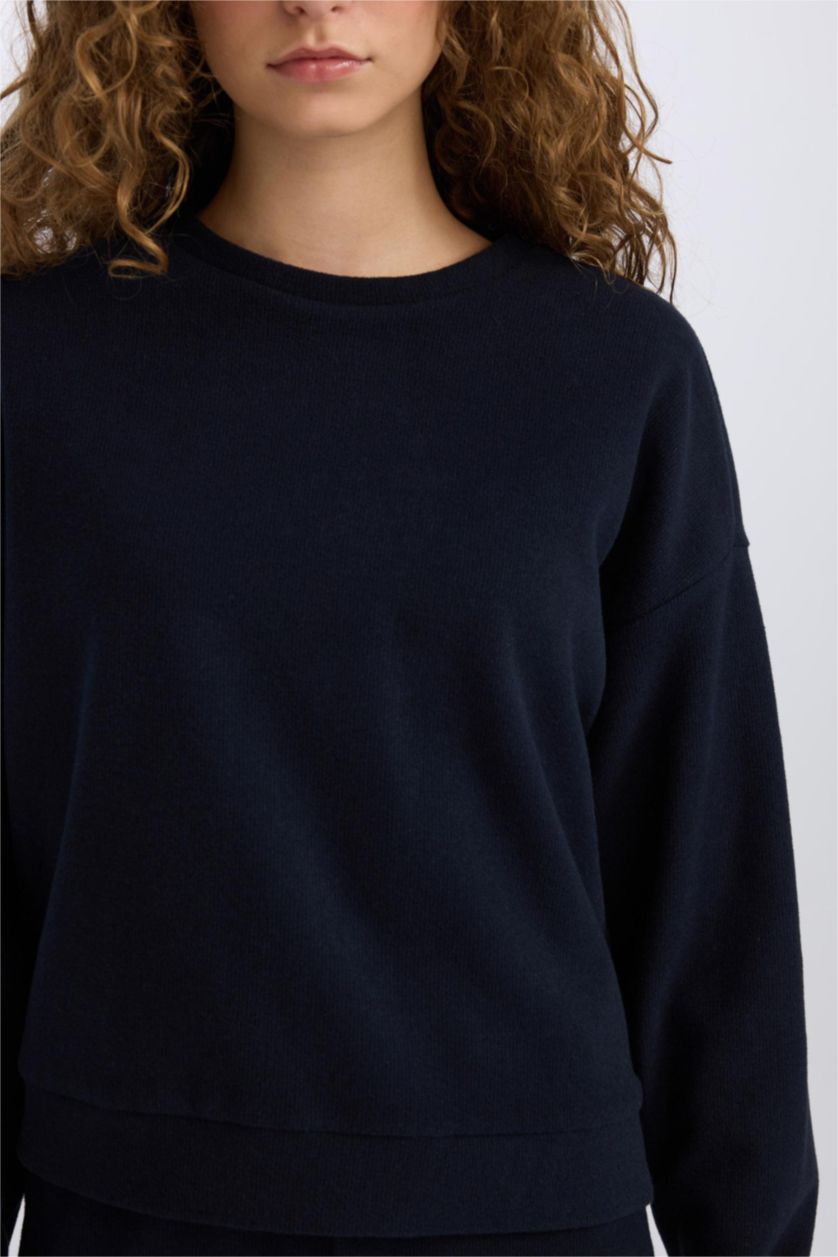 Kadın Lacivert 2'li Takım Basic Düz Bisiklet Yaka Üst Beli Lastikli Uzun Alt