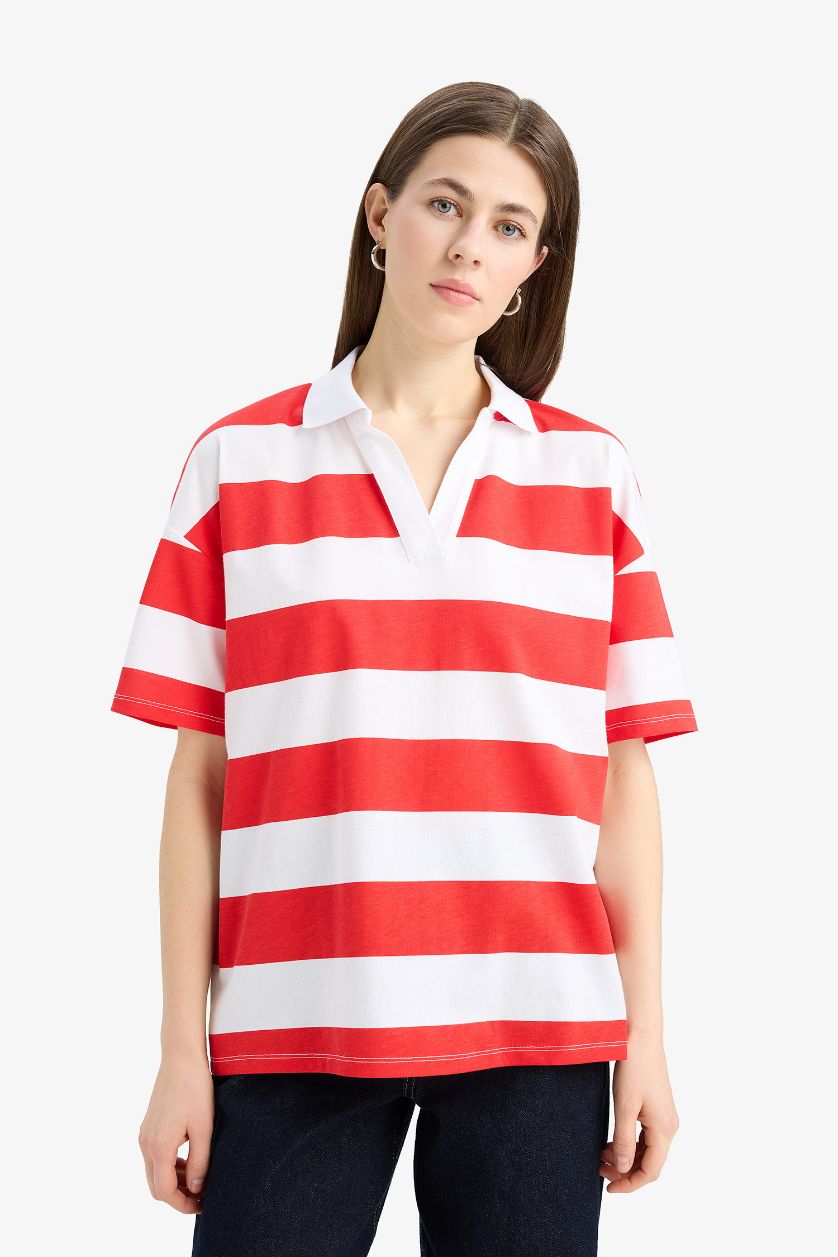 WOMAN Red Relax Fit Polo Collar Short Sleeve Polo T-Shirt