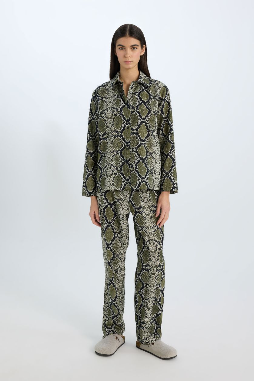 Kadın Siyah Pijama Takım Poplin Yılan Derisi Desenli Uzun Kollu Üst Beli Lastikli Uzun Alt