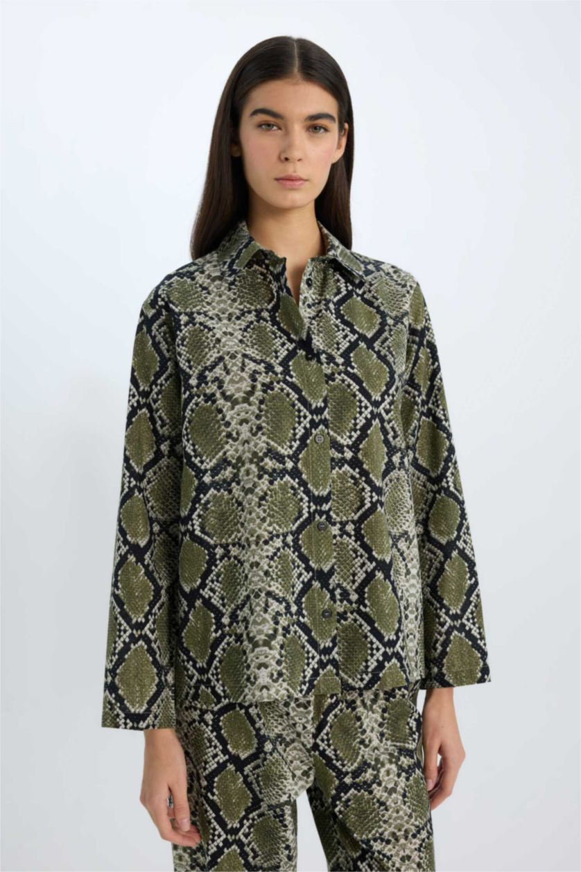 Kadın Siyah Pijama Takım Poplin Yılan Derisi Desenli Uzun Kollu Üst Beli Lastikli Uzun Alt