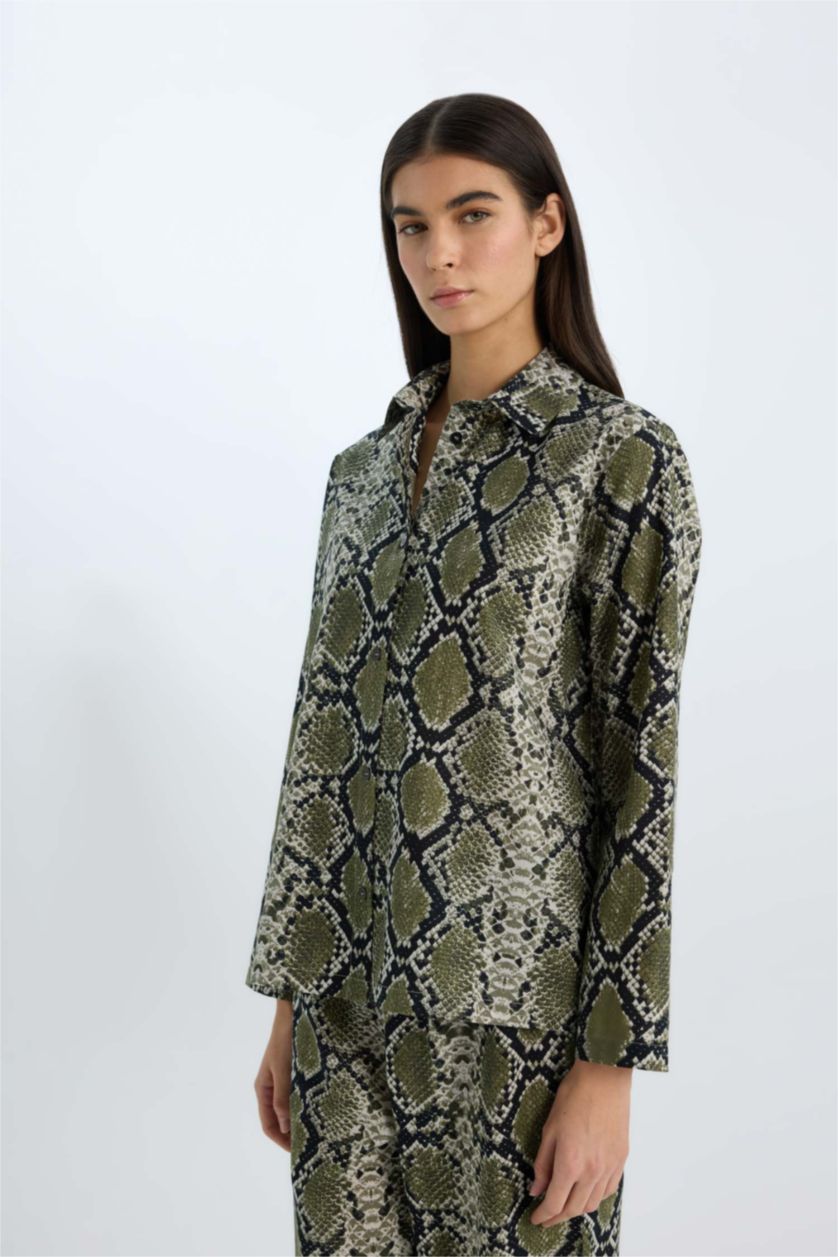 Kadın Siyah Pijama Takım Poplin Yılan Derisi Desenli Uzun Kollu Üst Beli Lastikli Uzun Alt