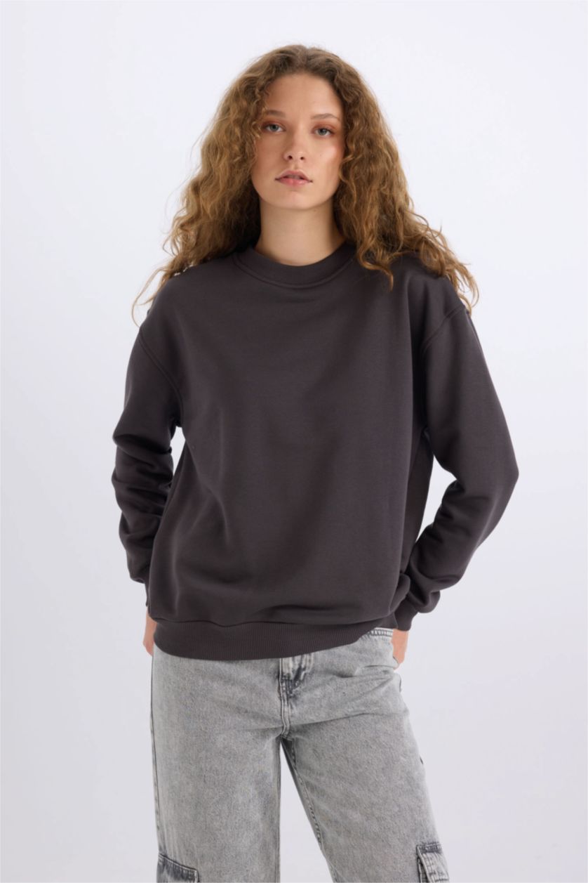 Kadın Antrasit Oversize Geniş Kalıp Bisiklet Yaka Basic Düz Kalın Sweatshirt
