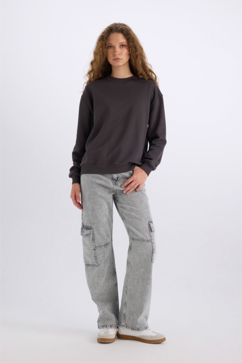 Kadın Antrasit Oversize Geniş Kalıp Bisiklet Yaka Basic Düz Kalın Sweatshirt