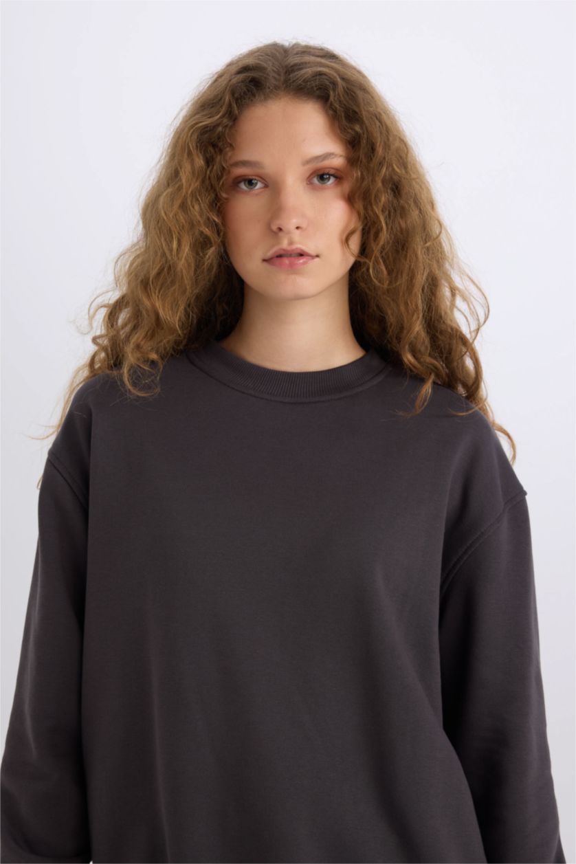 Kadın Antrasit Oversize Geniş Kalıp Bisiklet Yaka Basic Düz Kalın Sweatshirt