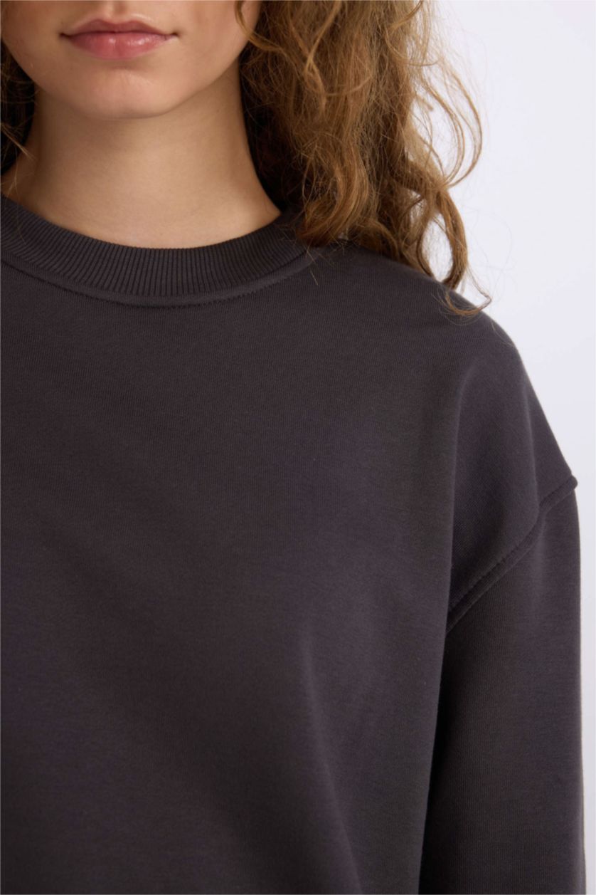 Kadın Antrasit Oversize Geniş Kalıp Bisiklet Yaka Basic Düz Kalın Sweatshirt