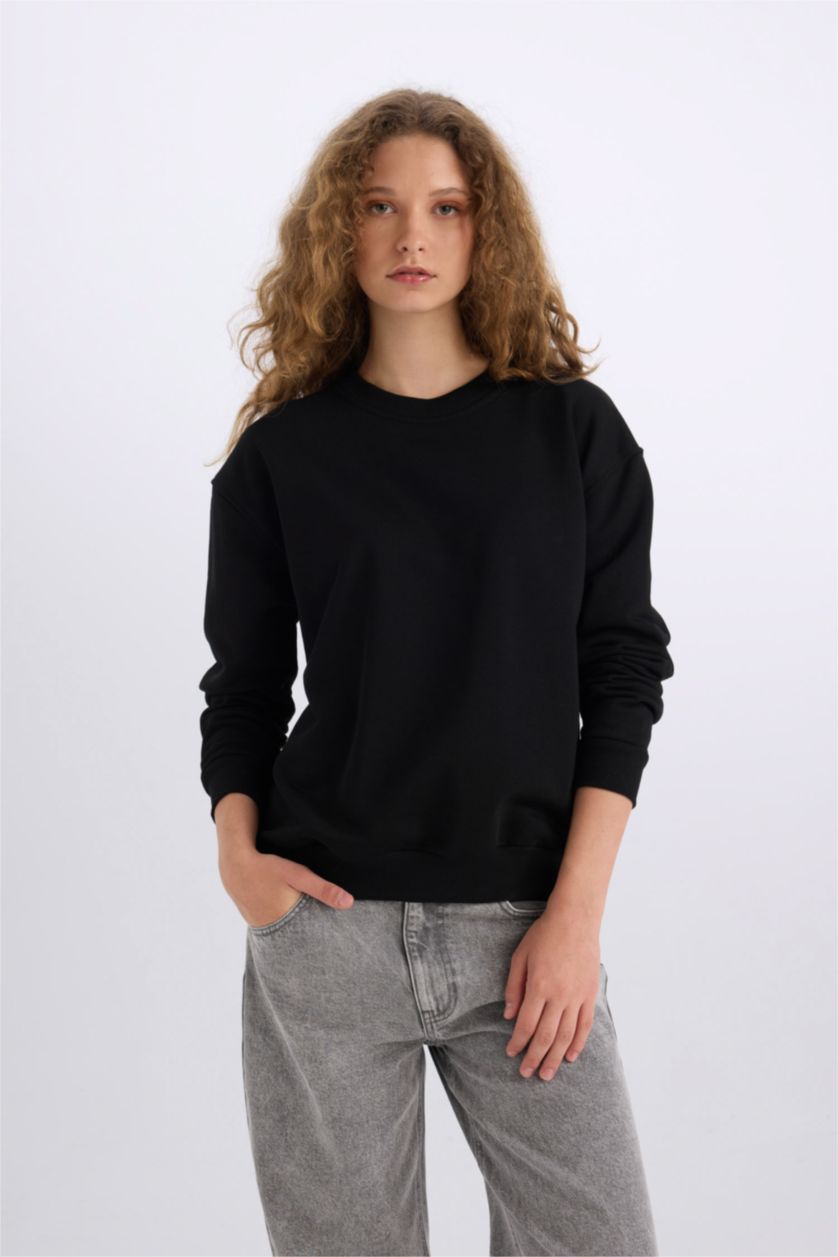 Woman Black Oversize Fit Thick Sweatshirt Fabric Sweatshirt
