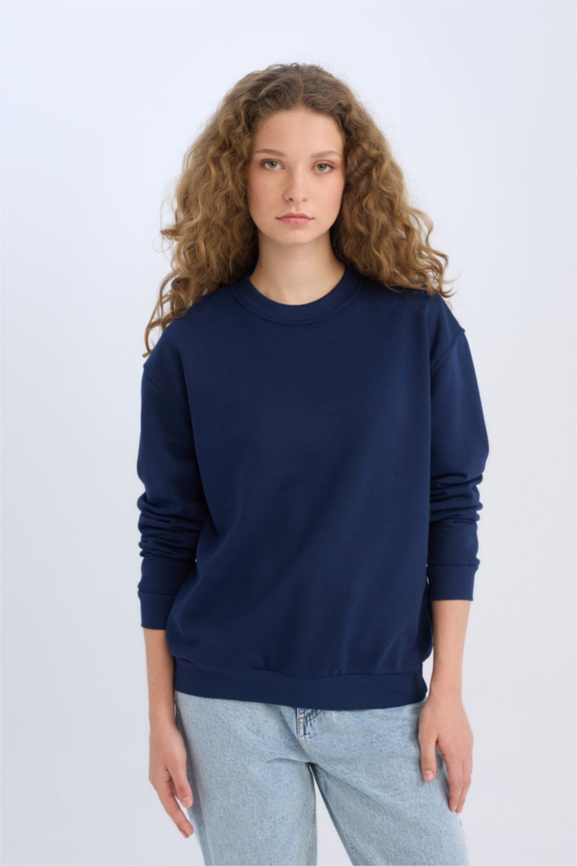 Kadın Lacivert Oversize Geniş Kalıp Bisiklet Yaka Basic Düz Kalın Sweatshirt