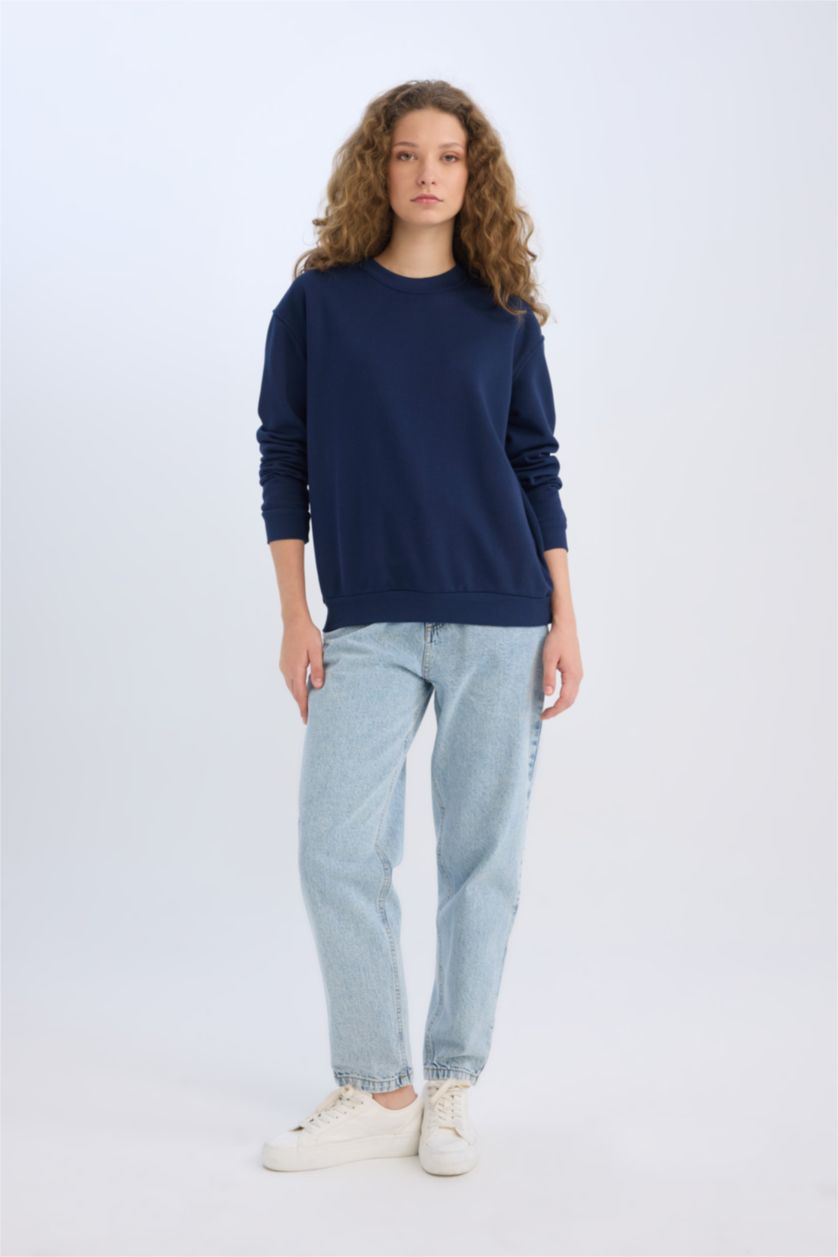 Kadın Lacivert Oversize Geniş Kalıp Bisiklet Yaka Basic Düz Kalın Sweatshirt