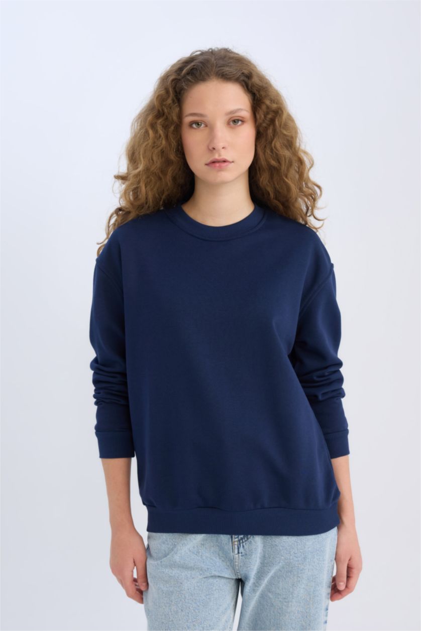 Kadın Lacivert Oversize Geniş Kalıp Bisiklet Yaka Basic Düz Kalın Sweatshirt